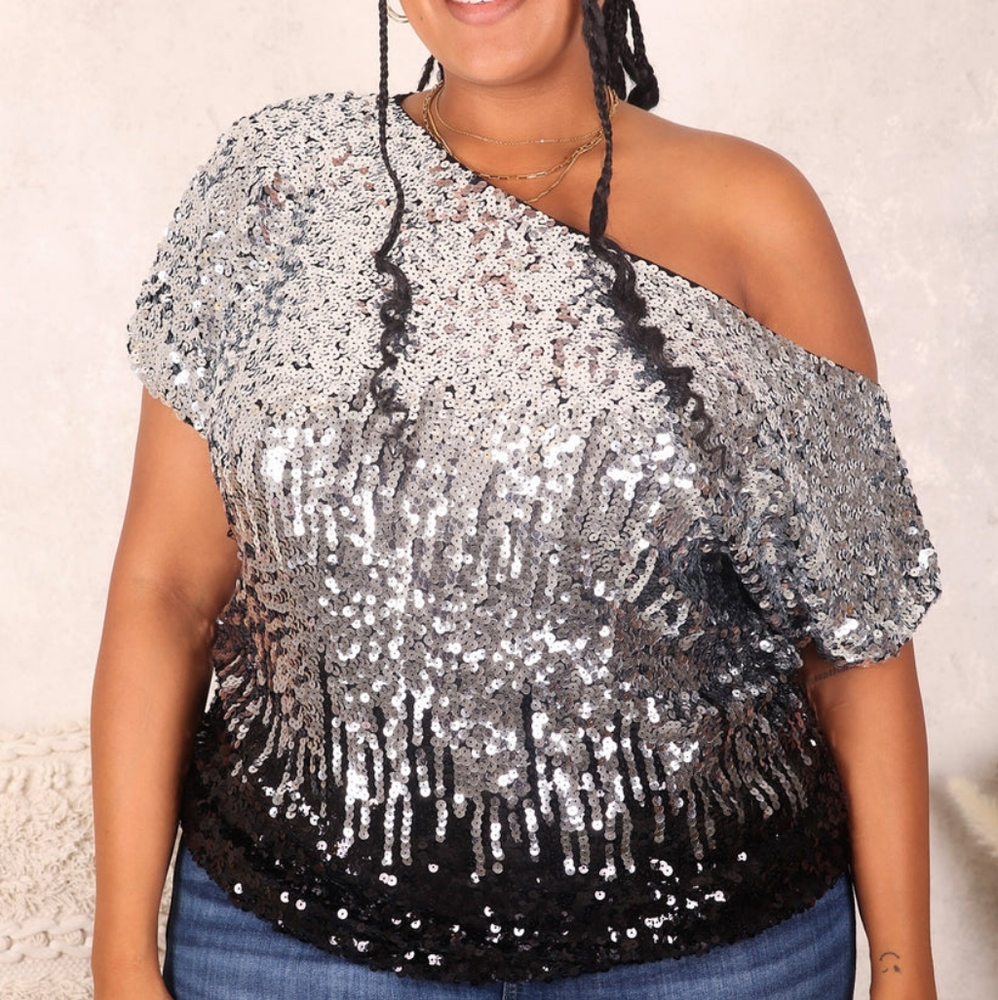 Anna-Kaci Sequin Sexy One-Shoulder Short-sleeve Party Top, Size Large